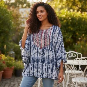 Curations Embroidered Blue and White Boho Watercolor Oversized Top Blouse S